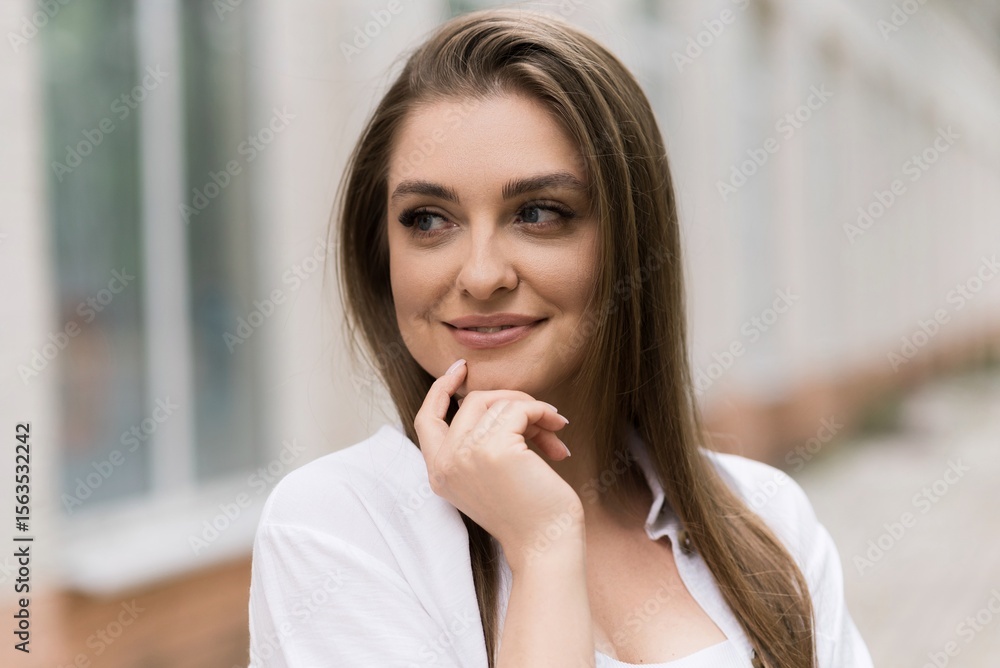 Portrait of an attractive Caucasian young woman in casual clothes while walking outdoors in the city on a summer day. Youth, freedom, leisure, lifestyle Portrait of an attractive Caucasian young woman in casual clothes while walking outdoors in the city on a summer day. Youth, freedom, leisure, lifestyle