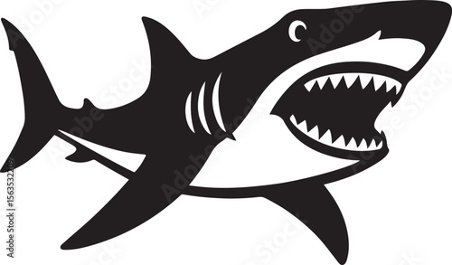 Aggressive shark silhouette dynamic style, Powerful ocean animal black and white