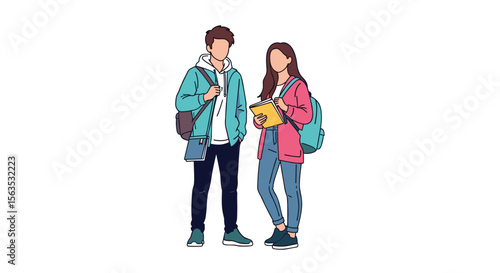 Two students standing together holding books ready for their next class