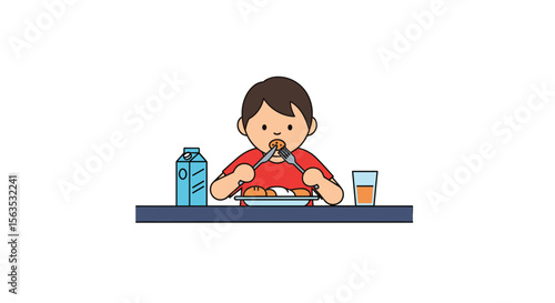 Young boy enjoys a wholesome meal with a drink on the side for a healthy diet