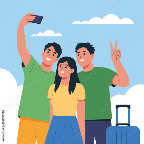 Friends taking selfie on vacation with blue suitcase and summer outfits under sky with clouds, symbolizing travel joy and togetherness