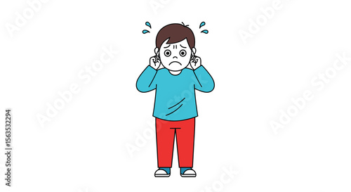 Child covering ears because of loud noise feeling stressed and uncomfortable experiencing sensory overload due to sound sensitivity