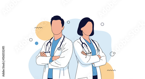 Two doctors standing confidently with stethoscopes around their necks ready to provide expert medical care