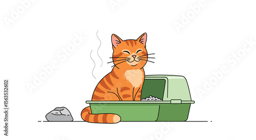 Happy orange cat uses litter box enjoying fresh scented air in clean enclosure