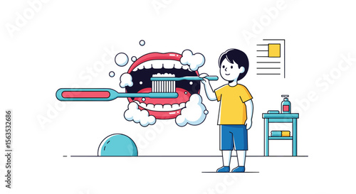 Kid brushing teeth dental hygiene oral care routine healthy smile concept