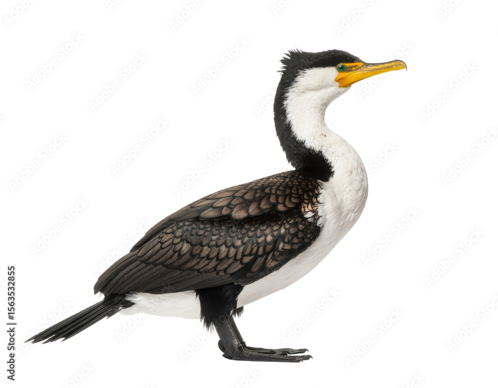 Fototapeta premium Great crested cormorant bird with dark plumage and hooked beak isolated on white background