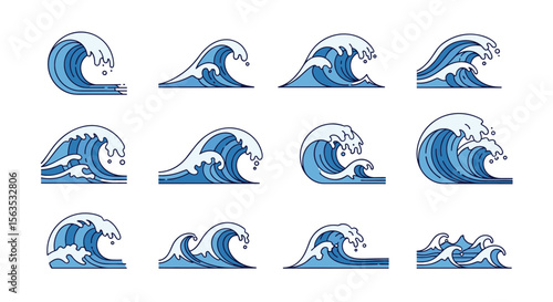 Collection of ocean waves in various styles and sizes showing water movement and energy