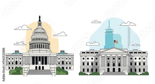 Two famous government buildings illustrated showing american democracy and political power
