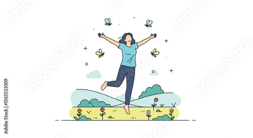 Illustrative happy woman jumping with joy surrounded by nature and butterflies