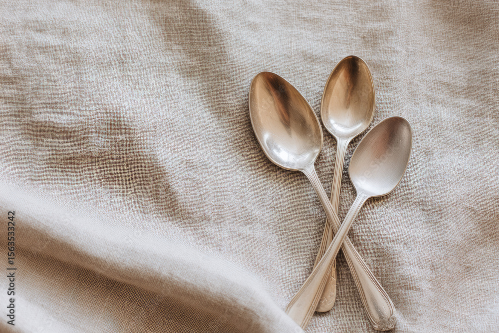 Three silver spoons flat lay on beige linen fabric, vintage style, soft natural light, minimalistic kitchen decor, neutral color palette, cozy and calm atmosphere Three silver spoons flat lay on beige linen fabric, vintage style, soft natural light, minimalistic kitchen decor, neutral color palette, cozy and calm atmosphere