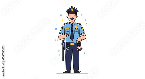 Friendly smiling police officer character with badge and equipment ready to serve the community