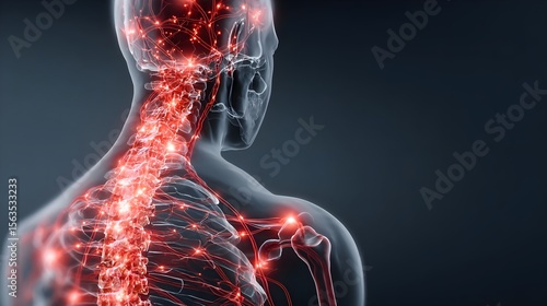 Human body with glowing red pain points on neural pathways illustrating pain or nerve stimulation,