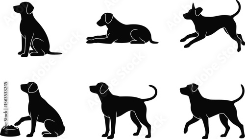 A set of six dog silhouette vector icons showing a pet in different poses like sitting, running, walking, and eating from a bowl.