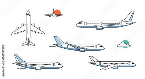 Collection of modern passenger jets and aviation related icons for travel and transportation concepts