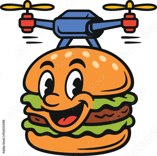 Happy Cartoon Burger Delivered by Drone