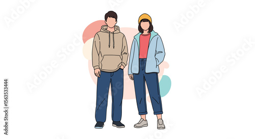 Stylish young adults in casual apparel showcasing modern urban fashion trends for everyday wear and lifestyle