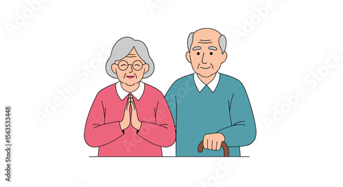 Elderly couple holding hands offering prayers with walking stick