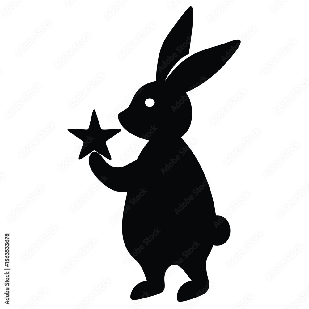 Obraz premium Cute black silhouette of a rabbit holding a star against a white background