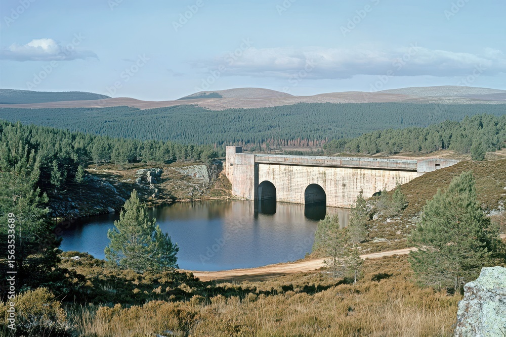 Fototapeta premium Serene Landscape with Dam and Lake in Rolling Mountain Terrain