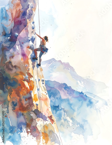 Watercolor style illustration of Rock Climbing, soft pastel tones and watercolor textures.