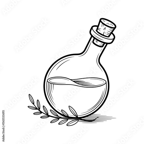Vector art of a round glass bottle with a cork stopper and a sprig of leaves, vector illustration