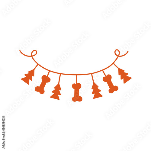 Christmas Garland with Bones. Decorative doodle ornament for dog and pet festive design, holiday cards and posters. Vector illustration