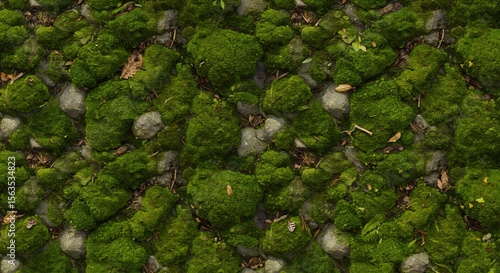 Dense green moss over grey rocks textured natural ground with scattered leaves and twigs viewed from above