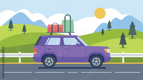 Purple suv driving through scenic mountain road with luggage on roof, surrounded by pine trees, green hills, and bright sunny sky