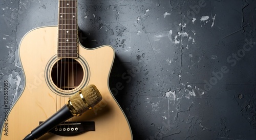 Acoustic Guitar & Vintage Gold Microphone on Distressed Concrete - Music Creation & Recording Setup