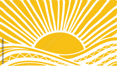 Golden sun rising over patterned waves with radiating light beams in a stylized design art piece