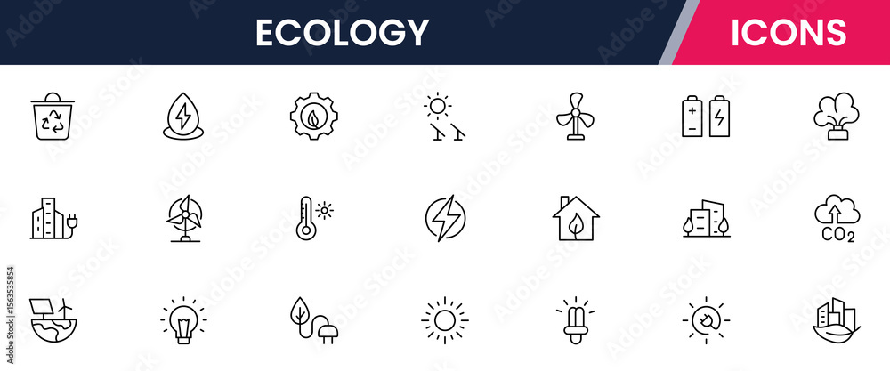 Naklejka premium Vector illustration web line icon collection for ecology: nature, sustainability, renewable energy, and green living symbols in a clean, modern, eco-friendly style.