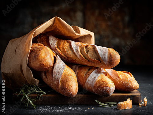 Freshly Baked Baguettes in a Paper Bag Against a Dark Background, view is from the top