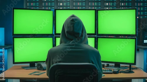 Dark room with individual observing multiple green screens at night