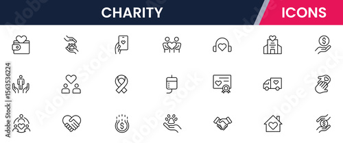 Charity Line Icons set. Contains icons related to charity, caring for the elderly, helping homeless animals, donation, and more. Vector illustration