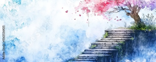 A watercolor painting of stone steps ascending beside a blossoming tree with pink flowers against a serene blue and white sky background.