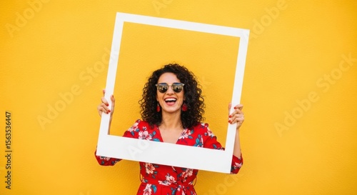 Happy young woman holding a white picture frame against a yellow background