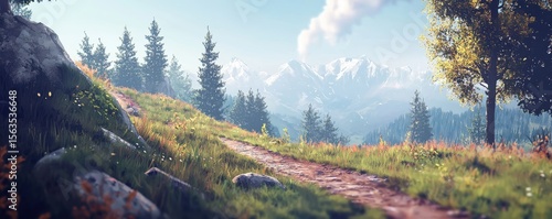 A scenic mountain trail winding through a grassy, flower-dotted landscape with pine trees and snow-capped peaks in the background under a clear blue sky.