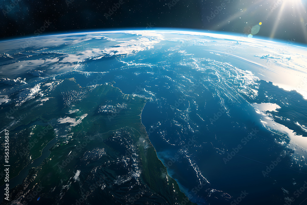 Fototapeta premium 宇宙から見たアジア圏に広がる青く輝く地球の夜明け