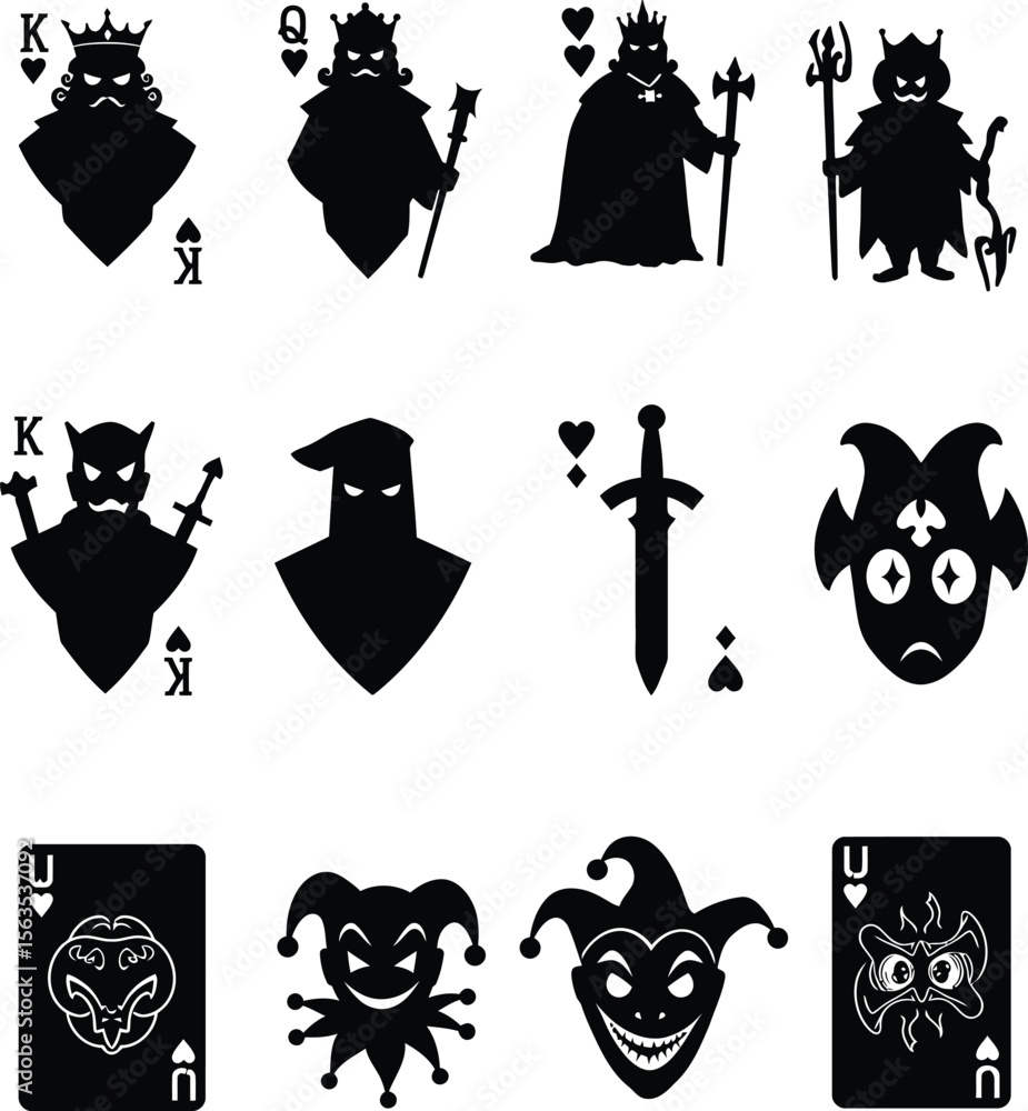 Naklejka premium Dark Fantasy Playing Card Character Silhouettes: Kings, Queens, Jacks, Jokers, and Suits for Gaming, Design, and Themed Projects.