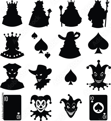 A collection of black silhouettes of playing cards, including kings, queens, jacks, jokers, and the ace of spades, perfect for gambling, casino, and game-related designs.