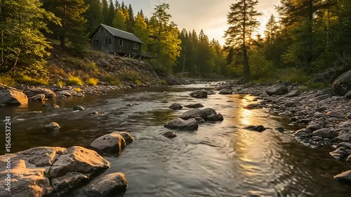 River flowing past a wooden cabin in a forest at sunset.