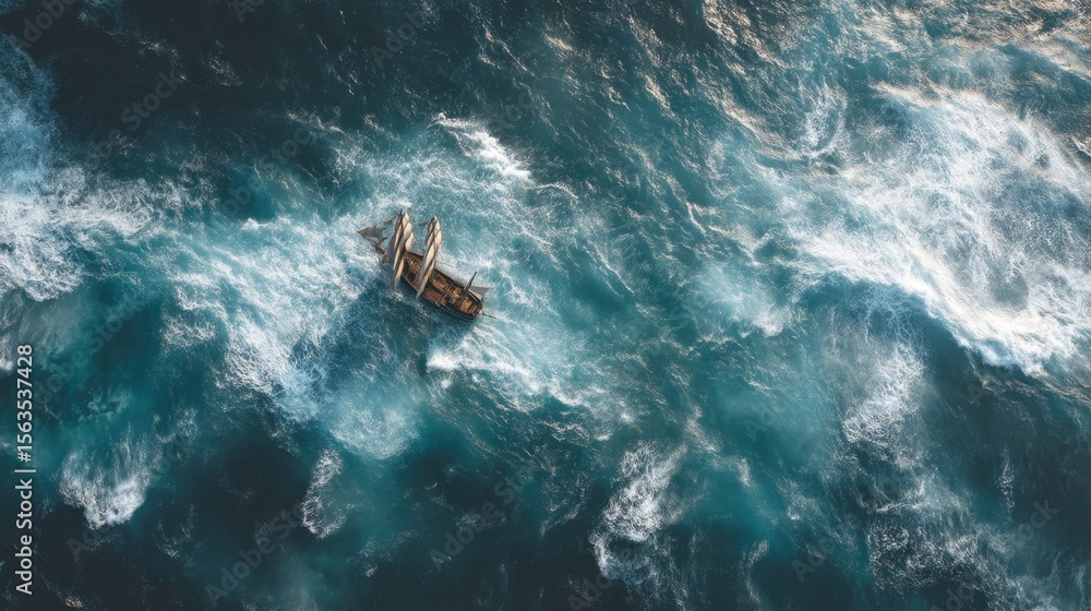 Obraz premium Wooden sailboat navigating turbulent ocean waters under dramatic sky