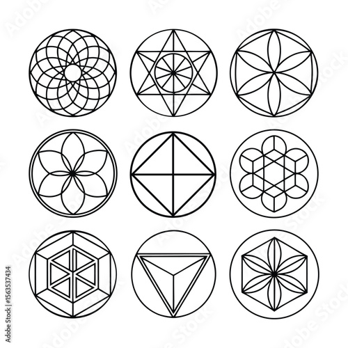 Vector Set of 9 Sacred Geometry Line Icons – Seed of Life, Metatron’s Cube, Sri Yantra Symbols

