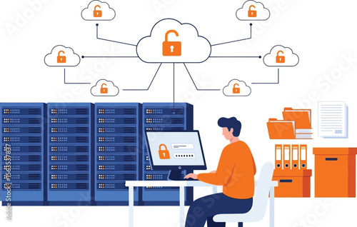 A man working on secure cloud data with server racks and file storage in a white background scene