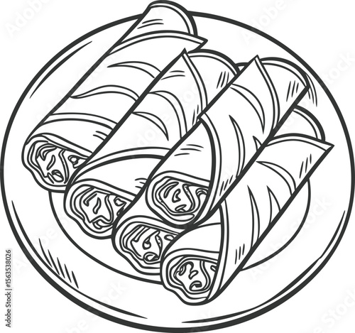 Hand drawn spring rolls on a plate monochrome vector illustration