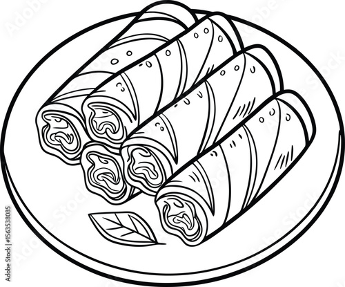 Black and white line art illustration of spring rolls on plate