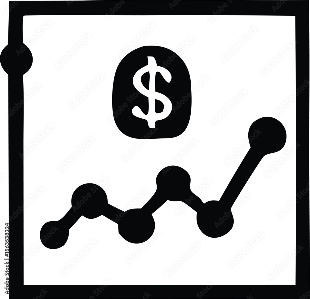 Doodle style graph with a dollar sign coin indicating financial growth and positive trend Doodle style graph with a dollar sign coin indicating financial growth and positive trend