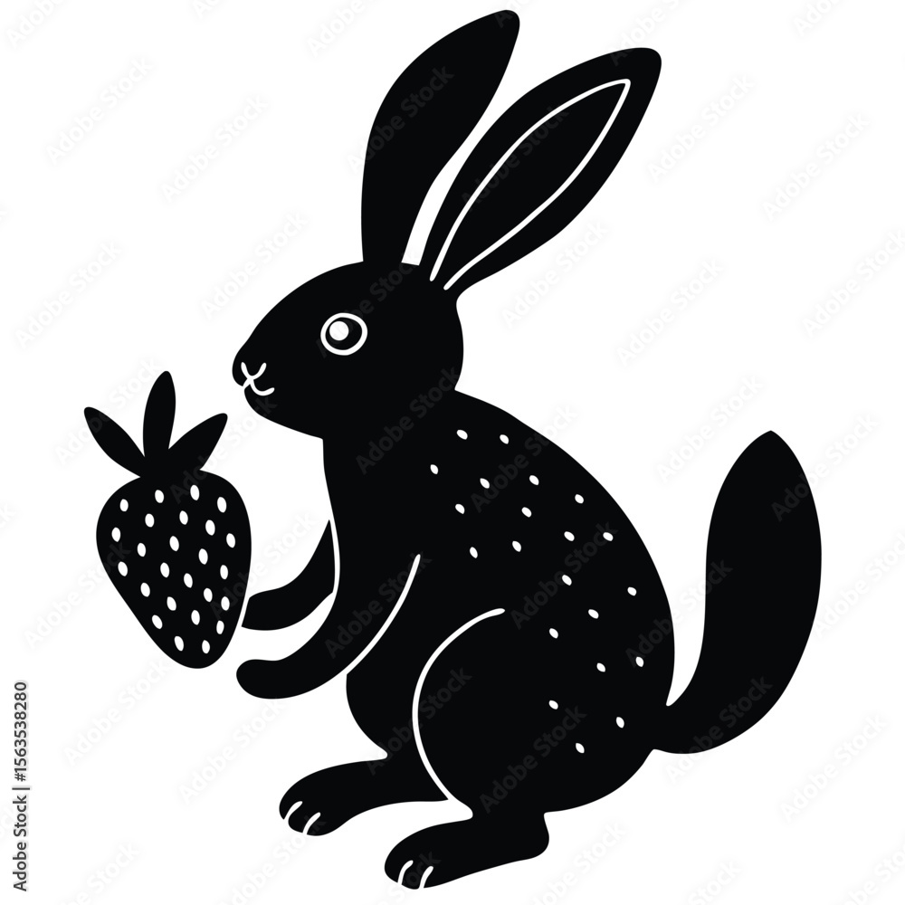 Obraz premium Cute black rabbit holding a strawberry with white dots and details