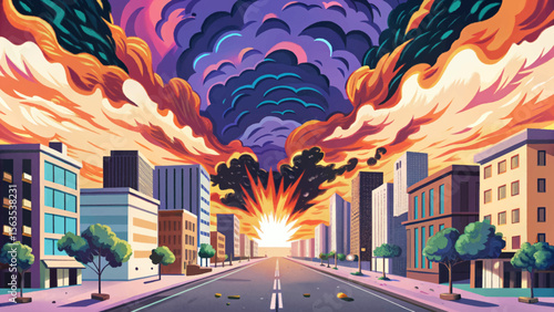 massive firestorm consumes a deserted city street, with towering flames, shattered windows, and swirling ash creating an apocalyptic scene of urban devastation and chaos