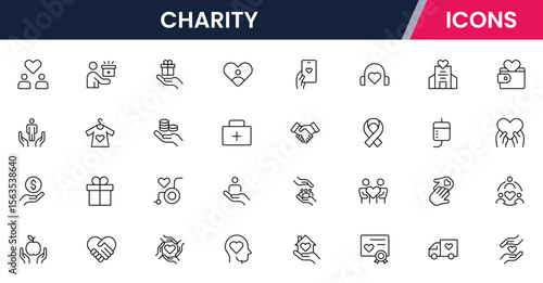 Charity Line Icons set. Contains icons related to charity, caring for the elderly, helping homeless animals, donation, and more. Vector illustration
